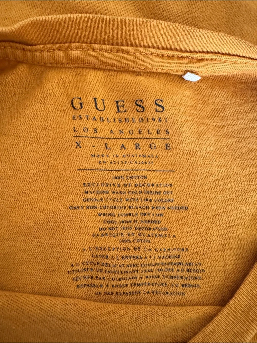 GUESS Men’s Mustard Orange Logo Tee with Flag Patch - Picture 4 of 4